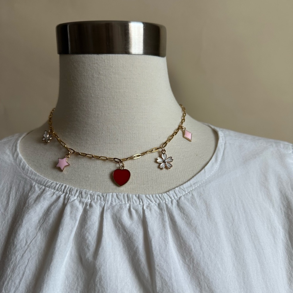 Gold Stainless Steel Charm Necklace / 16 Inches / 5 Charms